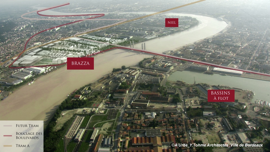 Vue aérienne de localisation de Brazza sur la rive droite à Bordeaux 