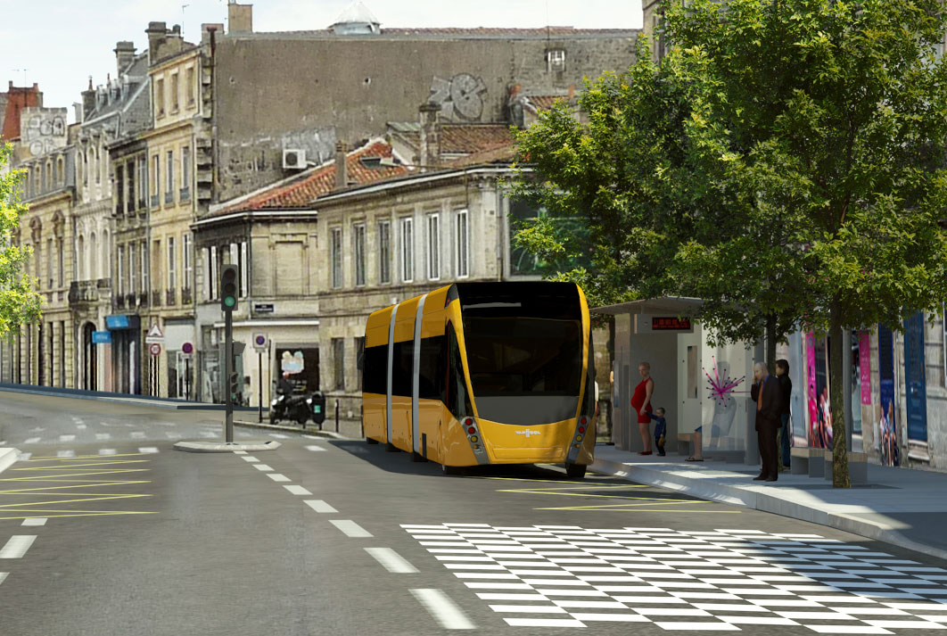 Image de synthèse pour le projet de BHNS, entre Bordeaux centre et Saint-Aubin-de-Médoc : ici, projection d’une station à la Croix Blanche à Bordeaux